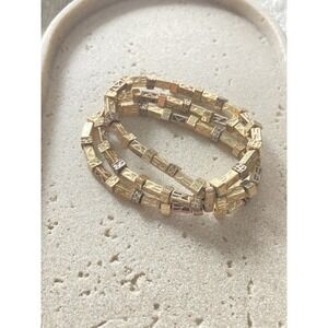Brutalist Gold Tone Stretch Bracelet Mixed Metal Tube Beads Layered Multi Strand